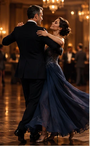 Couple dancing Foxtrot in a warmly lit ballroom